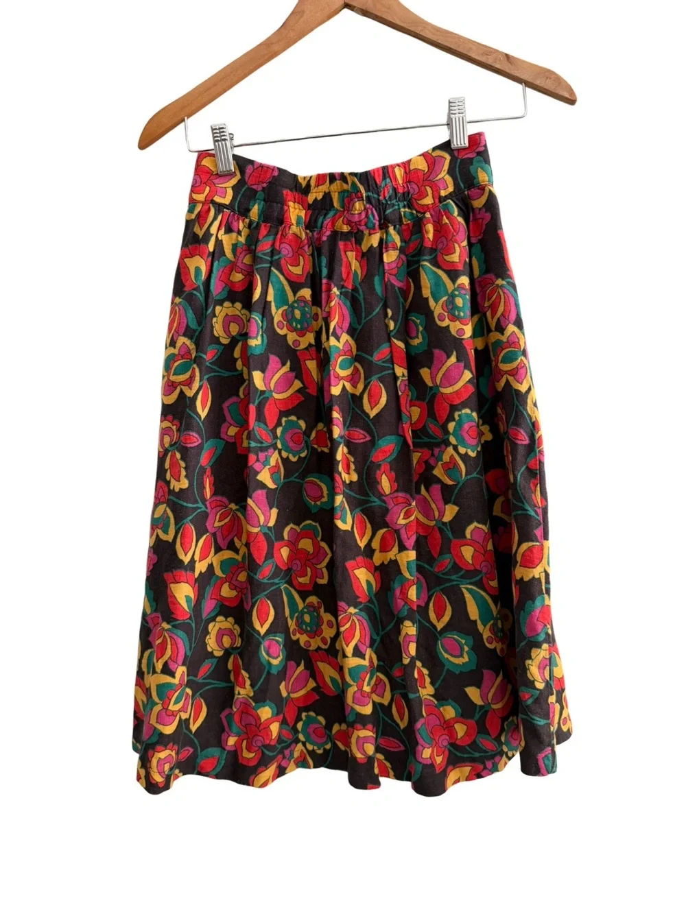 ModCloth Floral A-Line Skirt Black Multicolor Rayon Linen Size XS